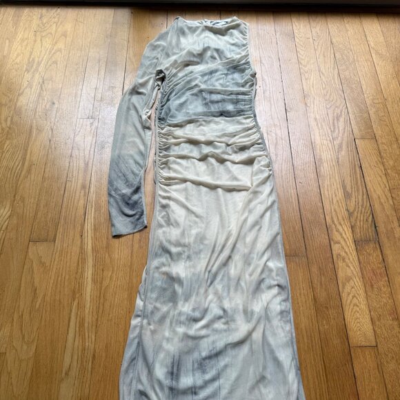 Zara Size M Beige & Gray Tie Dye Printed Tulle Ruched One Shoulder Maxi Dress - Picture 15 of 16